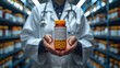 © ckybe - Physician holding medication bottle with blurred background.