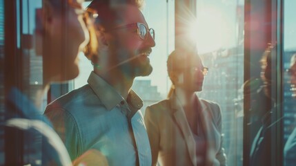 business people discussing business in the office view from outside the building	. Beautiful simple AI generated image in 4K, unique.