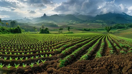 Wall Mural - Vast field of young seedlings against misty mountains, nature's bounty.