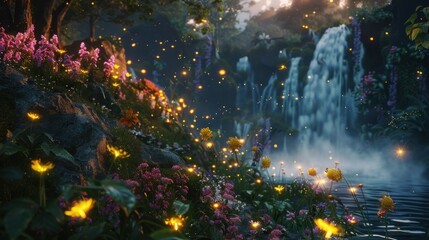 Wall Mural - Hidden Fairytale Garden. Fireflies illuminate a secret garden at dusk, with a cascading waterfall and vibrant flowers.