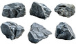 Set of 6 pieces of gray stones, black stones, charcoal, nature, isolated on white, in different positions, realistic, 3D