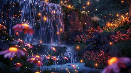 Wall Mural - Magical firefly-lit garden at dusk. Waterfall and flowers illuminated by fireflies and fading sunset.