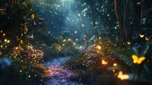 Enchanting Forest Path Illuminated By Fireflies In A Fairytale Garden.