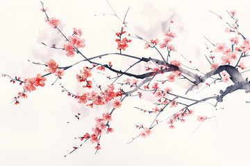  Japanese sakura blossom branch in watercolor style