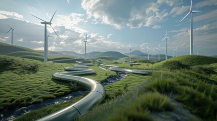 Wind turbines generating clean renewable energy in lush green landscape with modern pipelines. Sustainable development and environmental conservation.