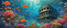 Ocean Underwater Landscape With A Sunken Sailboat,