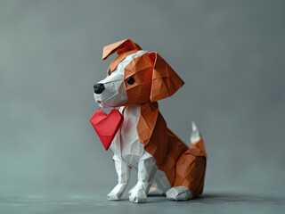 Canvas Print - An origami dog with a red heart in its mouth. Origami craft, greeting card design element,