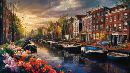 Tranquil Waters Capturing the Charm of Canal-side Architecture and Serene Sunsets in a Vibrant Painting