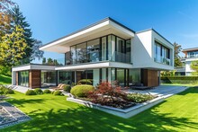 Elegant Modern Home Exterior With A Perfect Lawn And Landscaping