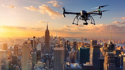 Drone flying over skyline during sunset. Aerial photography with copy space. Technology and travel concept. Design for banner, poster, background