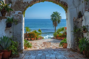 Wall Mural - A view of the ocean through an archway.