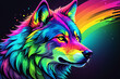 colorful wolf head illustration with rainbow colors on black background