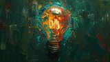 Fototapeta Uliczki - Colorful paint forming a lightbulb on dark green background - Creative inspiration and artistic revelation depicted through fluid paint converging into a radiant lightbulb.