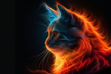 Wall Mural - A cat that is sitting in the dark. A magical creature made of fire.