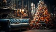 Luxury living room decorated for Christmas and New Year with a big Christmas tree.