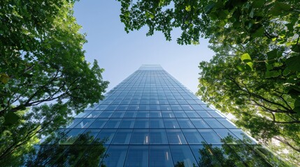 Sleek glass office tower amidst verdant trees, reflecting the fusion of urban development and environmental consciousness.