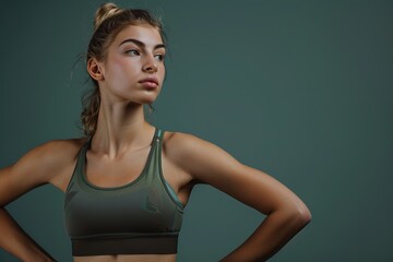 Wall Mural - A woman in a green tank top is standing with her arms crossed