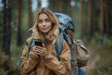 Fototapeta Krajobraz - Young beautiful woman traveling alone in forest among trees and hold phone in her hands for navigation