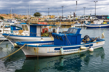 Poster - Fishing boats in port of Syracuse historic city, Sicily Island, Italy