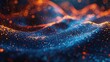 Digital representation of glowing waves with floating particles, creating a mesmerizing abstract background with deep blue and orange hues,3D rendering of abstract blue particles wave 