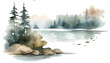 Watercolor scenery of forest lake with rocks