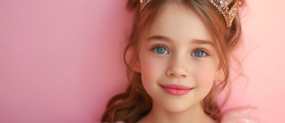 Wall Mural - Portrait of a young girl in a pink dress and tiara looking directly at the camera with a gentle smile