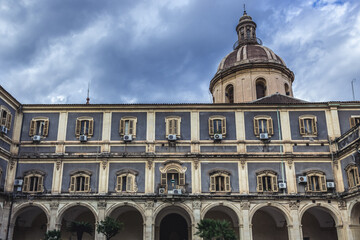 Sticker - Courtyard of Palazzo Minoriti and dome of Church of Archangel Michael in Catania, Sicily Island, Italy