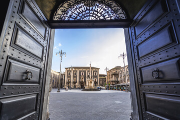 Sticker - View from gate of City Hall with Elephant Fountain and Palace of Seminary of Clerics in Catania, Italy