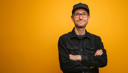 Wall Mural - Confident Man in Black with Arms Crossed Standing Against a Vibrant Yellow Background
