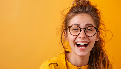 Wall Mural - Joyful Young Woman in Glasses Laughing with Vibrant Yellow Background, Copy Space
