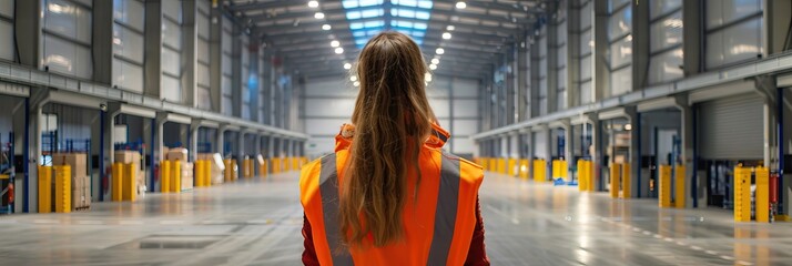 Woman in orange vest in logistics center, copy space for text,