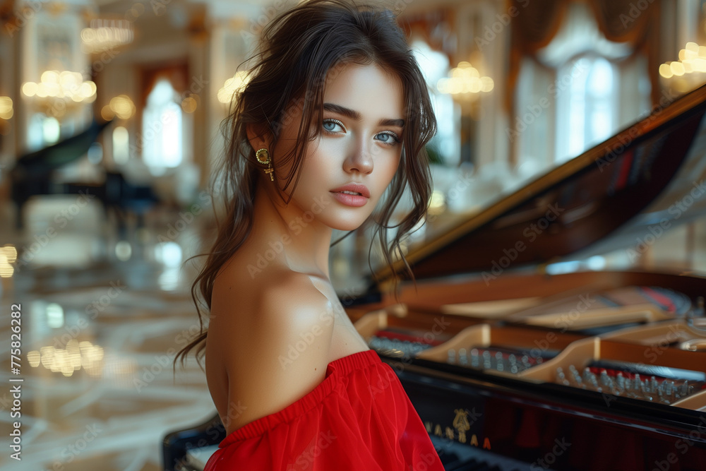 Beautiful young woman with black hair and blue eyes wearing a red dress ...