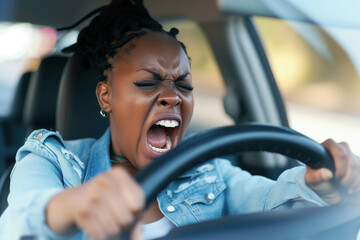 Furious African American woman. Emotional woman feeling extremely furious while driving near crazy dangerous driver