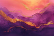 Abstract watercolor paint background illustration. violet, purple, pink, peach color and golden lines, with liquid fluid marbled texture