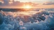 Ocean surf with warm evening light. Ocean waves and sea foam,Ocean Wave Crashing at Sunrise, colorful beautiful blue waves with sunlight, closeup sunset sea water background beautiful nature

