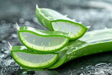 Poster - Succulent Aloe vera sliced. Water fresh drop. Generate Ai