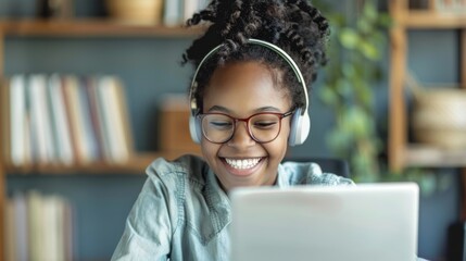 Poster - Woman Wearing Headphones Working on Laptop