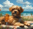 Illustration of a small retriever puppy on the seashore next to a cocktai