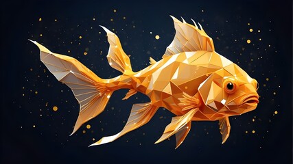Wall Mural - Isolated polygonal magic gold fish against a dark backdrop. A low-poly vector depiction of a Comos, or starry sky. Digital images are made up of destruct shapes, lines, and dots.
