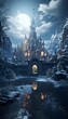 Fairytale castle in the winter forest. 3d render.
