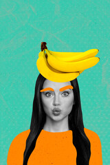 Canvas Print - Vertical collage picture young pretty woman banana fruits store grocery discount painted orange eyebrows stare look drawing background