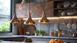 Copper pendant lights grace minimalist kitchen