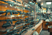 Riffles On Glass Display Of Legal Gun Store. Shooting Weapons Assortment In Showcase Of Military Shop. Buying Armor For Hunt And Self Protection