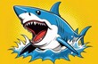 A illustrated cartoon shark with a gaping mouth, set against a pop art style yellow background