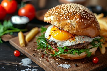 Wall Mural - Satisfying Burger egg bun food. Fast food meal. Generate Ai