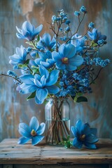 Wall Mural - Vibrant blue magnolia bouquet on wooden table