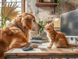 Candid moment in modern office between boss dog and subordinate cat, office romance, office flirting