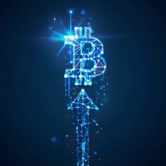 Canvas Print - Futuristic glowing bitcoin sign on blue background