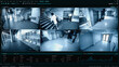 Surveillance Camera CCTV Footage, Multiple Screens Show Inside Building, Unrecignizible People Walk. High-Tech Security, Data Protection Mock-up. Screen Replacement Template for Computer Displays