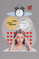 Sticker - Vertical creative collage picture young sad depressed girl anxiety feeling stressed miss deadline alarm clock schedule arrangement